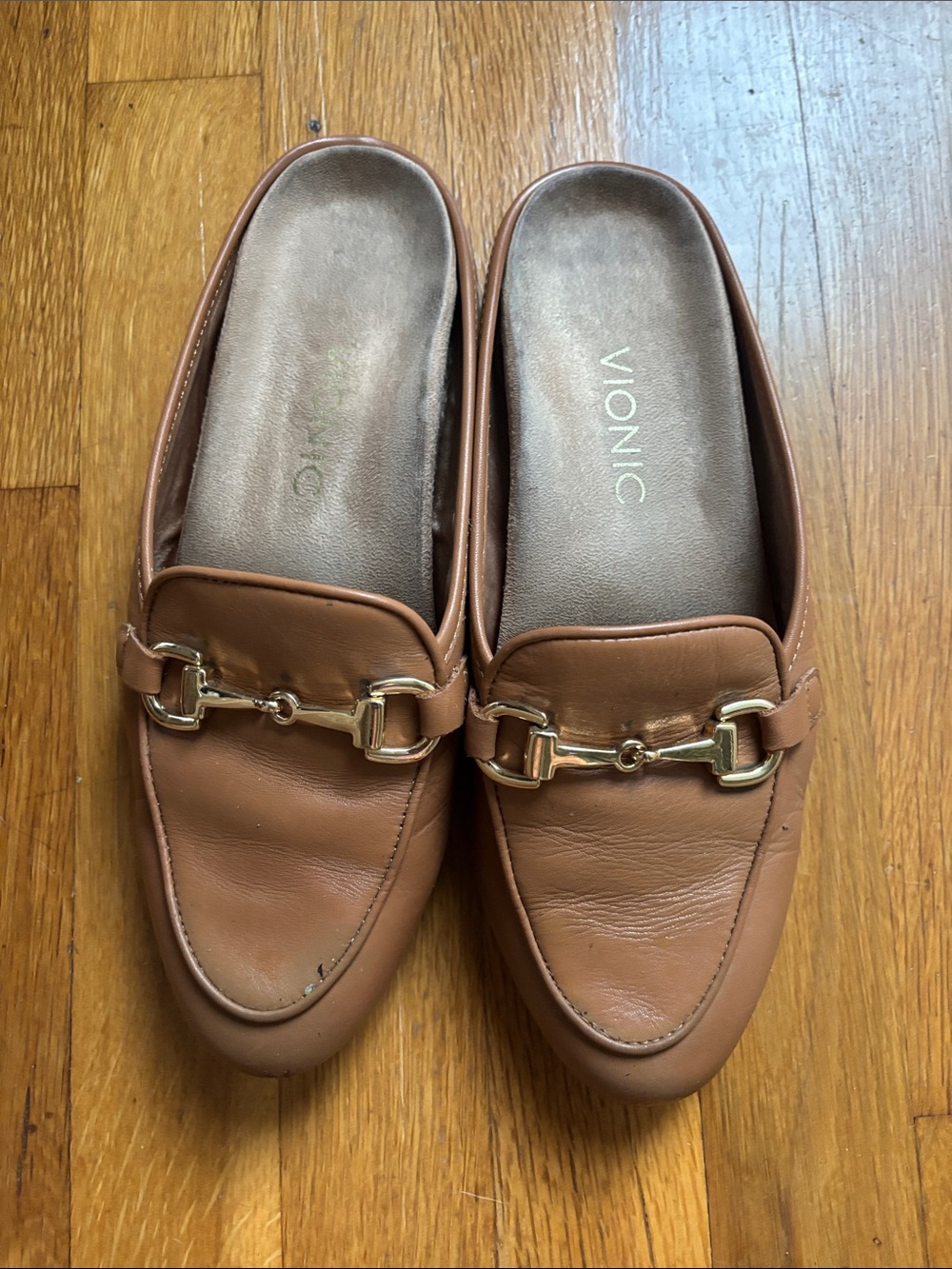 Vionic Women's Tan Brown Leather Slip-On Mules with Gold Bit